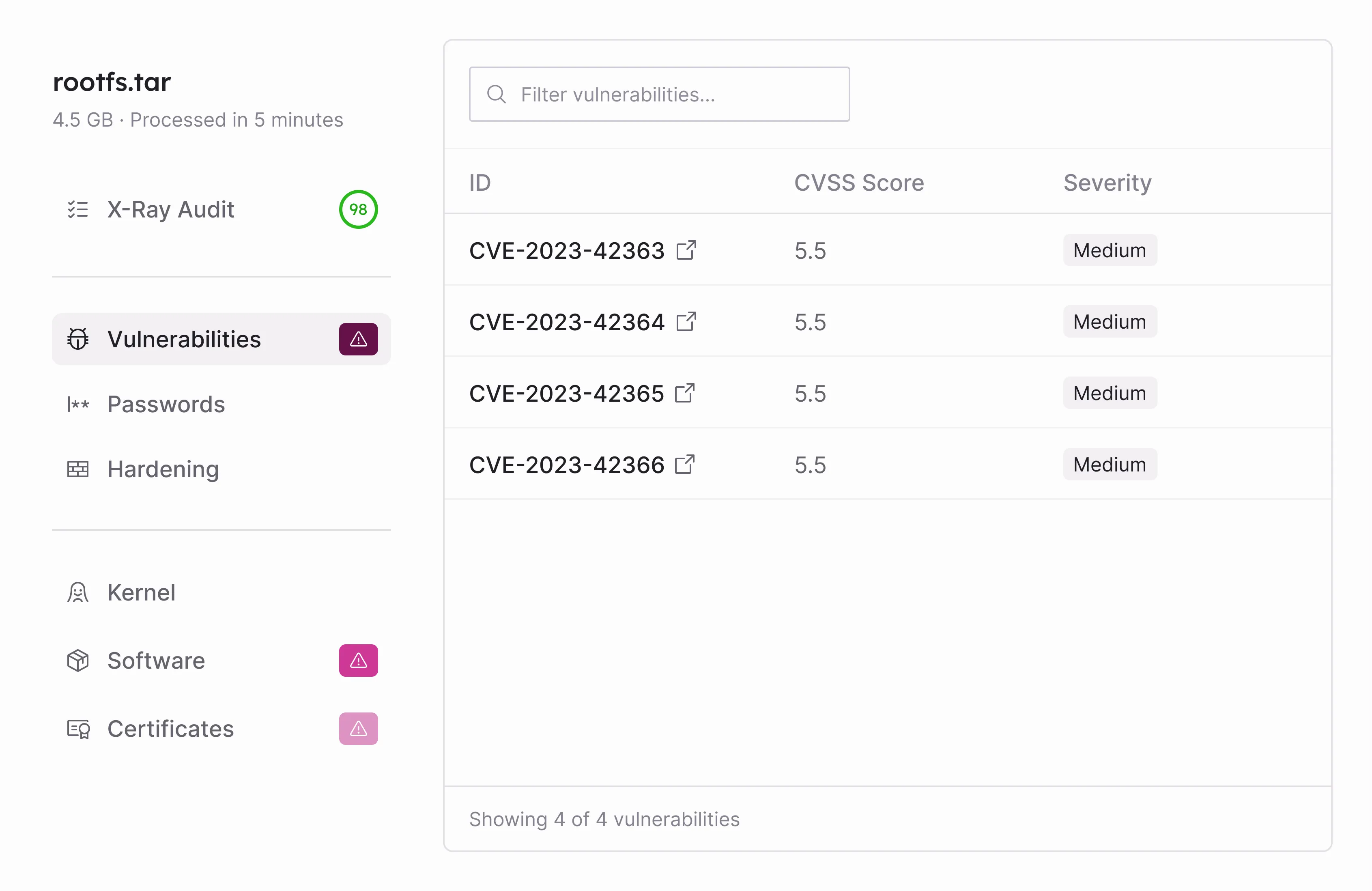 Screenshot of Boldwark Firmware X-Ray application displaying firmware analysis results.